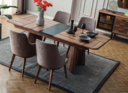 Complete e Dining set Designer dining area Wood Dining table 6x upholstered chairs