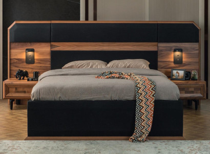 Brown-Black Wood Bedroom Suite Double bed 2x Bedside tables 3pcs