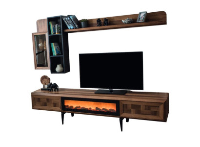 Brown living room wall set designer TV lowboard TV cabinet Wood shelves LED