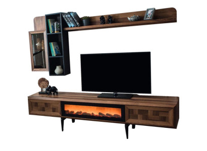 Brown living room wall set designer TV lowboard TV cabinet Wood shelves LED