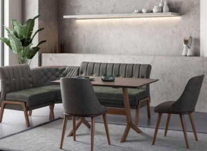 Gray Dining room Suite Wood Dining table 2x textile chairs corner bench 4-piece set
