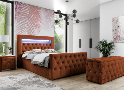 Chesterfield Bedroom Set Textile Bed 2x Wood Bedside tables Stool