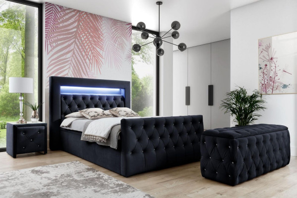 Black Chesterfield LED textile bed 2x Wood Bedside tables Stool 4 pieces