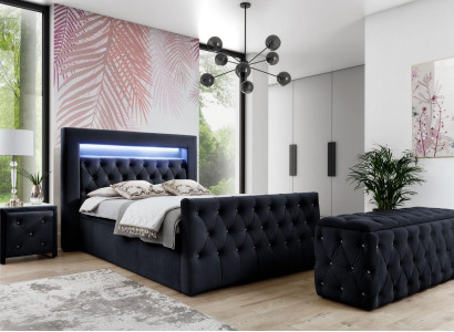 Black Chesterfield LED textile bed 2x Wood Bedside tables Stool 4 pieces