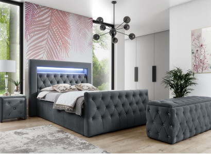Chesterfield Gray Bedroom Set LED Upholstered bed Wood Bedside tables