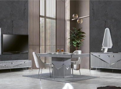 Gray Modern Dining Room Set 4x Chair Mirror Sideboard Shelf 9pcs