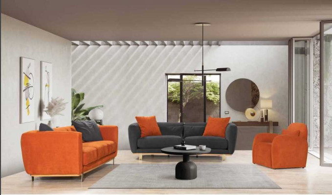 Modern Orange-Brown Sofa set 4+3+1 Seater Textile Sofas Luxury Couch