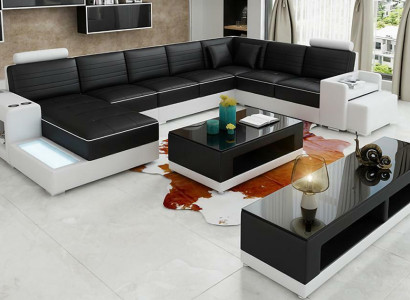 Corner sofa U-shape Sideboard Coffee table Couch Design Black Upholstery Leather Modern