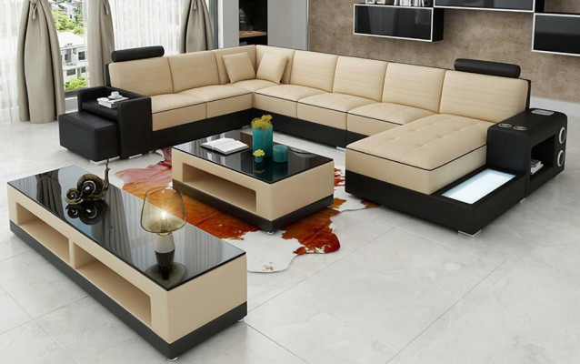 Corner sofa U-shape Sideboard Coffee table Couch Design Black Upholstery Leather Modern