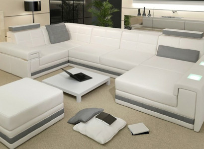 Corner sofa Sofa Living landscape U-shape Upholstery Couch Leather sofa + Stool