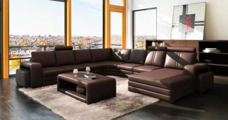 Corner sofa U-shape + 2x Stool + Coffee table Couch Design Gray Upholstery Leather
