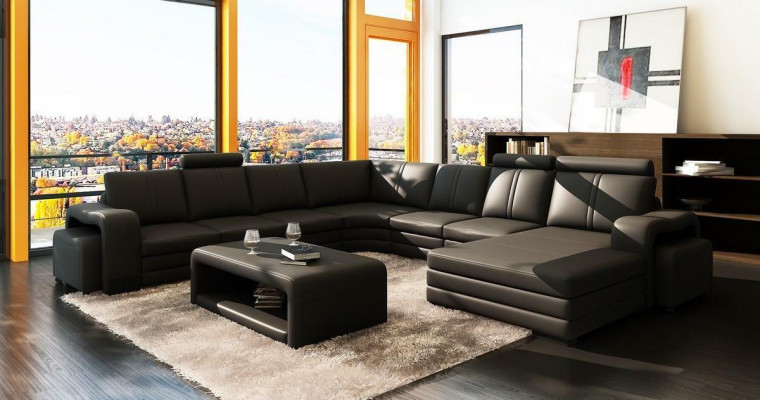 Corner sofa U-shape + 2x Stool + Coffee table Couch Design Gray Upholstery Leather
