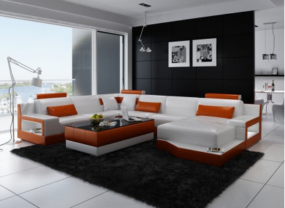 Corner sofa Sofa Living landscape U-shape Upholstery Couch Leather sofa White