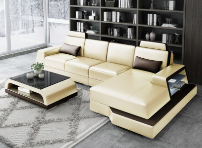 Corner sofa Sofa Living landscape L-shape Upholstery Couch Leather sofa Beige Sofas