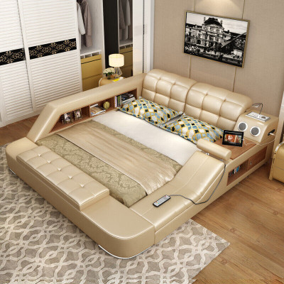 Bed Multifunction Shelf Wardrobe USB Charging Station Decorative Double Leather Beds