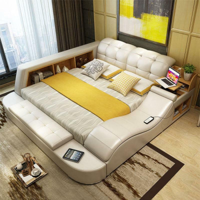 Luxury functional bed with safe laptop storage double marriage beds xxl hotel leather