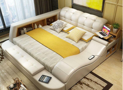 Luxury functional bed with safe laptop storage double marriage beds xxl hotel leather