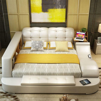 Luxury functional bed with safe laptop storage double marriage beds xxl hotel leather