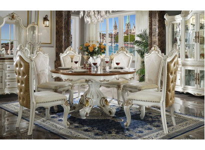 Classic White -Brown Dining room Suite Round Wood Dining table with Chesterfield chairs 5pcs. set