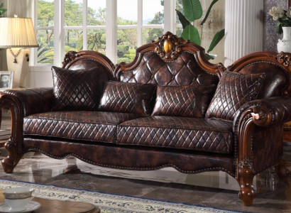 Carved Baroque Living room Furniture Sofa Leather Couch Three Seater Seat
