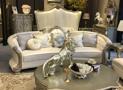 Round Sofa Wood Carved Four Seater Couch Leather Chesterfield Living