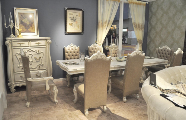 Antique white dining room suite Large dining table with leather Chesterfield chairs