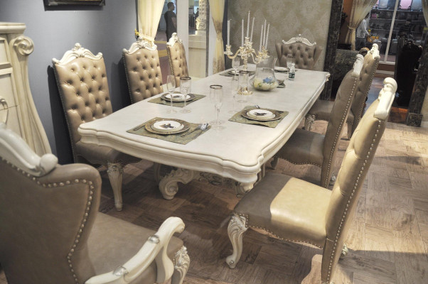 Antique white dining room suite Large dining table with leather Chesterfield chairs