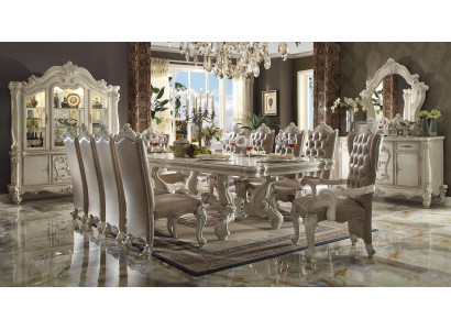 Classic dining room set in antique white. Large dining table with Chesterfield chairs