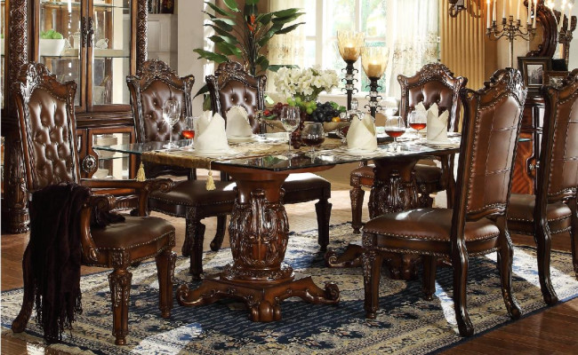 Brown Classic r Dining table with Leather Chesterfield chairs 7 pieces. set
