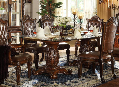Brown Classic r Dining table with Leather Chesterfield chairs 7 pieces. set