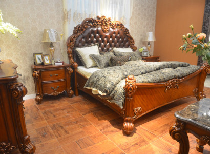 Bedroom Set Bed + 2x Bedside table Chesterfield Wood Leather Beds Upholstery
