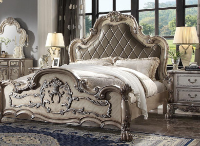 Luxury Baroque Silver Double bed Design Wood 200x200cm upholstery Bedroom new
