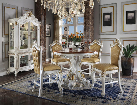 Classic white dining room set. Stylish dining table with chairs and display case