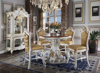 Classic white dining room set. Stylish dining table with chairs and display case