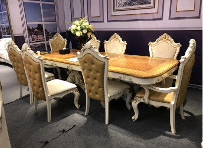 White -Brown Dining room set Large dining table with leather chairs