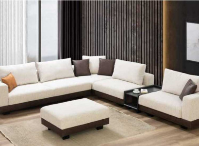 Luxury Beige Corner sofa L-shape Couch Wooden Frame Textile Living room Furniture