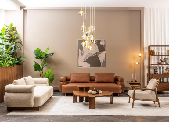 Complete e sofa set three-seater armchair fabric brown coffee tables 5 pieces