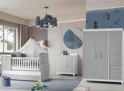 Complete set for Children's room: Chest of drawers, Wardrobe, Children's bed Gray Color