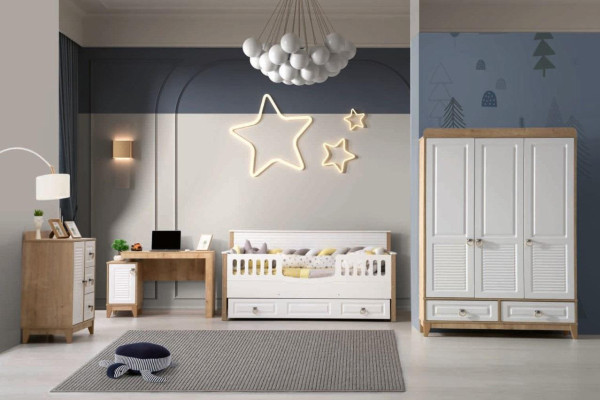 Childrens room Set Bed Wardrobe Chest of drawers Desk White 4pcs