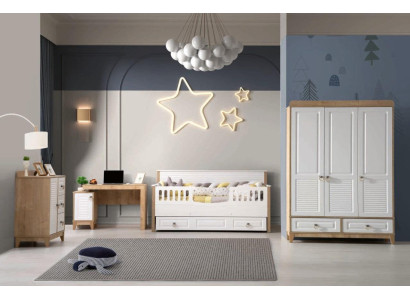 Childrens room Set Bed Wardrobe Chest of drawers Desk White 4pcs