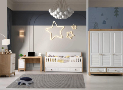 Childrens room Set Bed Wardrobe Chest of drawers Desk White 4pcs