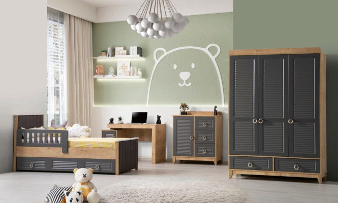 Complete e Kinderfurniture Childrens bed Wood Furniture Set 4pcs Childrens room Gray