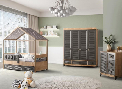 Gray youth room set Childrens room Chest of drawers Wardrobe and Bed 3pcs.
