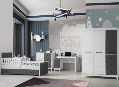 Modern Childrens room Set Consists of Bed Wardrobe Chest of drawers Table 4pcs.
