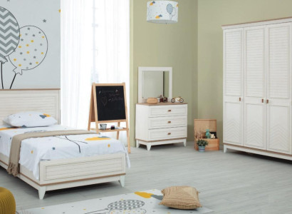Suite Childrens room Bed Childrens bed Children's furniture White Wood Set 5pcs