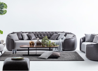 Luxury Villas Furniture Gray Chesterfield Sofa Set Fabric Couches Textile 4+3+1