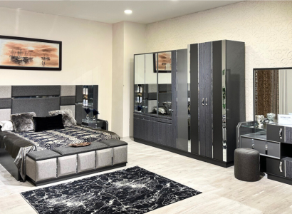 Luxury Gray Complete's Bedroom Double bed 2x Bedside tables Wardrobe
