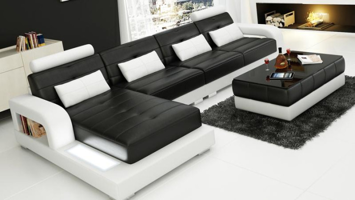Corner sofa Leather + Coffee table Corner Sofa Couch Upholstery Suite Living landscape Corner