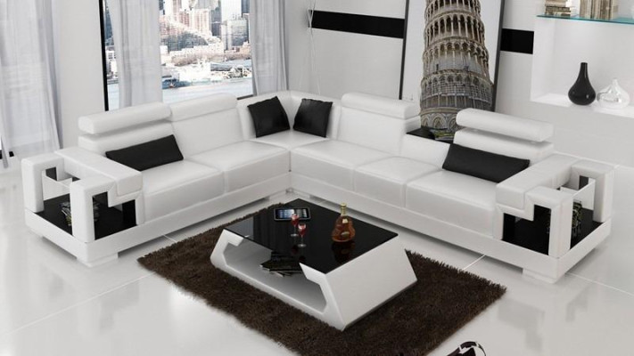 Corner sofa Leather + Coffee table Corner Sofa Couch Upholstery Suite Living landscape Corner