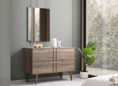Chest of drawers with Mirror Bedroom Console Wood Brown Set 2pcs Modern